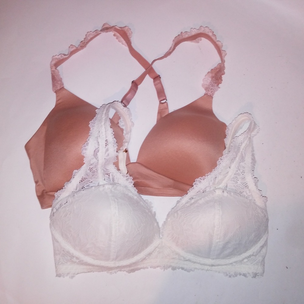 Set of 2 Aerie Bras Bralette 34D Cream Mauve Solid Lace Wireless